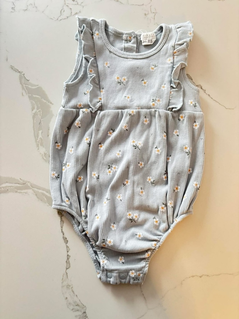 Petit Lem Light Blue Floral Ribbed Baby One-Piece